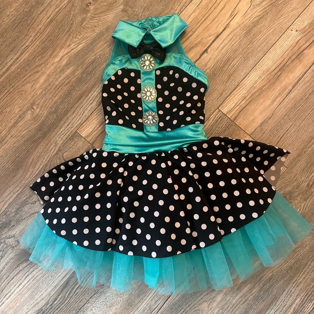Weissman Teal and Black Polka Dot Dance Costume